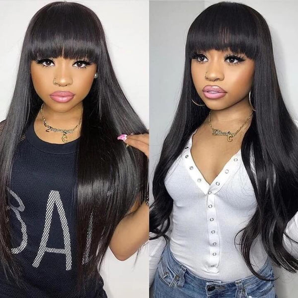 Long Silk Virgin Hair Straight Lace Front Wigs with Bangs For Black Women