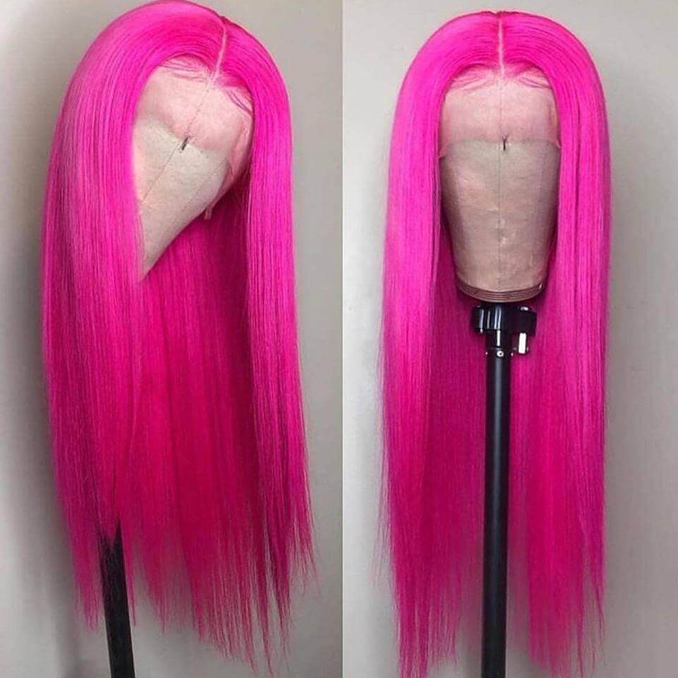 Rose Pink Straight Lace Front Wigs 12A Virgin Human Hair Dark Pink Wig ...