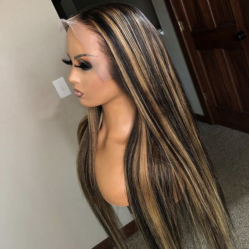 Straight Highlight Transparent Lace Front Wigs 100% Virgin Human Hair